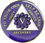 Purple AA recovery medallion framed by a purple crystal circle for sobriety years 1 through 65