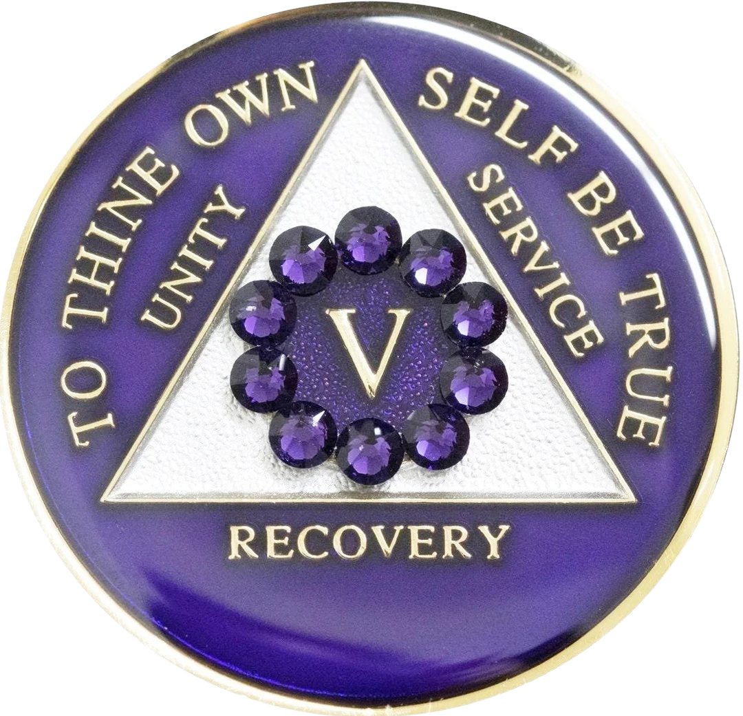 Purple AA recovery medallion framed by a purple crystal circle for sobriety years 1 through 65
