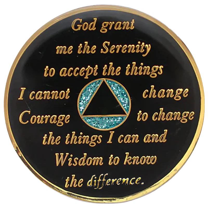 Reverse of AA recovery medallion featuring the Serenity Prayer