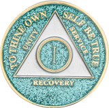 Glitter turquoise AA recovery medallion for sobriety years 1 through 50