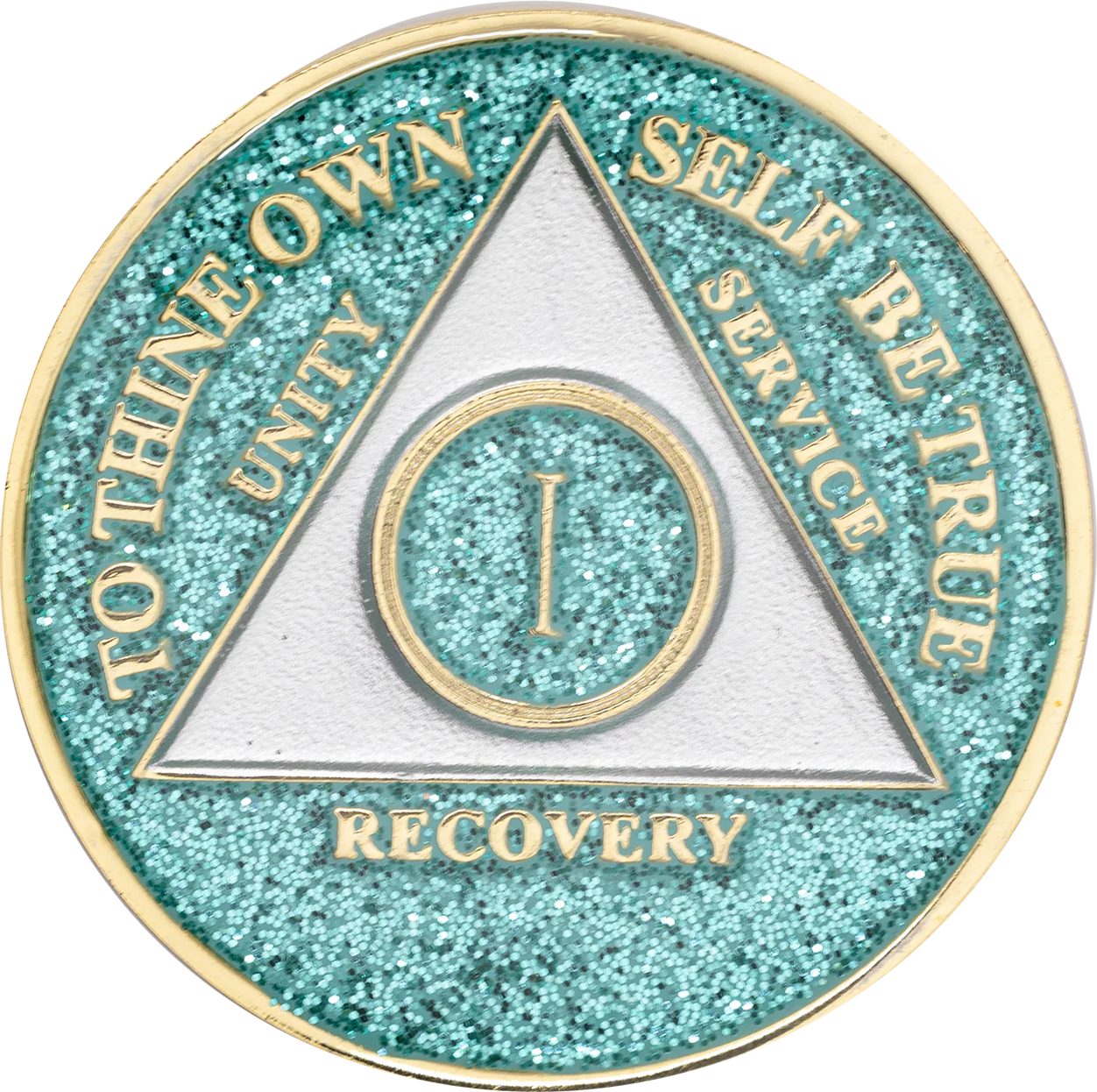 Glitter turquoise AA recovery medallion for sobriety years 1 through 50