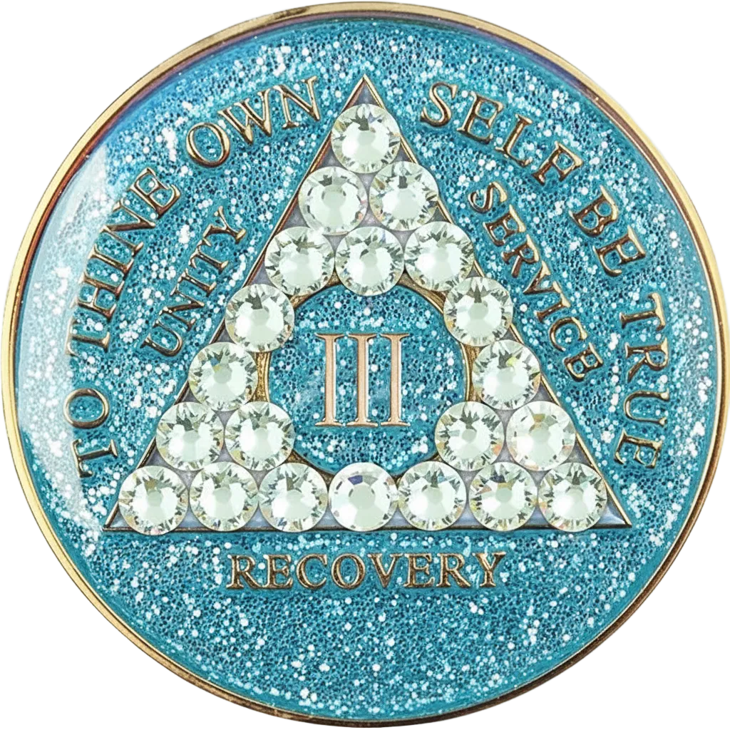 Glitter turquoise AA recovery medallion with white crystals for sobriety years 1 through 50