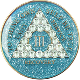 Glitter turquoise AA recovery medallion with white crystals for sobriety years 1 through 50