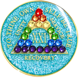 Glitter turquoise AA recovery medallion with rainbow crystals for sobriety years 1 through 50