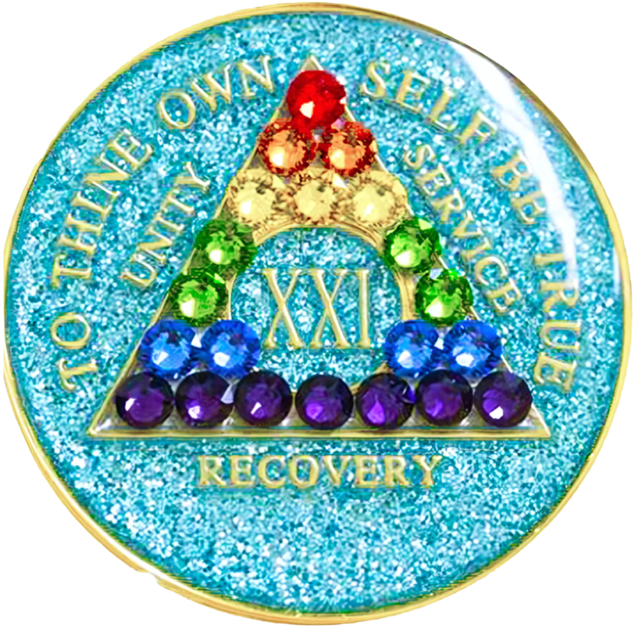Glitter turquoise AA recovery medallion with rainbow crystals for sobriety years 1 through 50