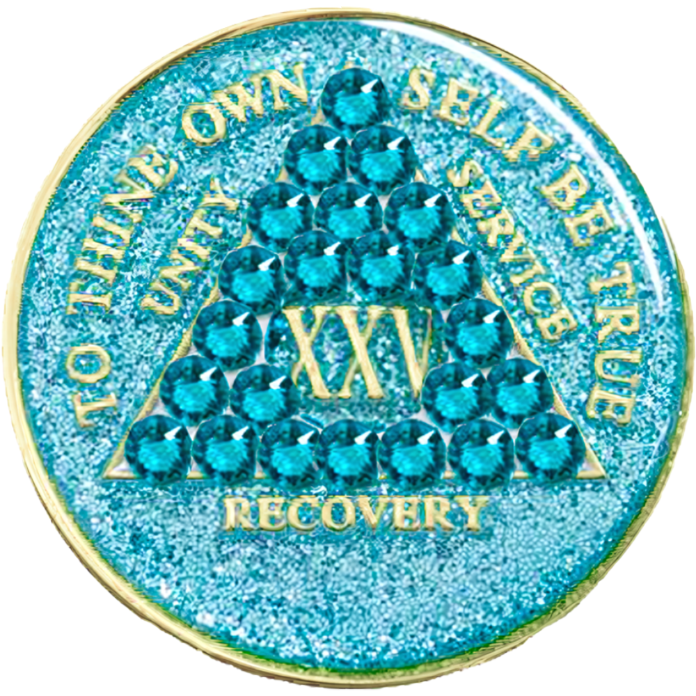 Glitter turquoise AA recovery medallion with turquoise crystals for sobriety years 1 through 50