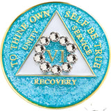 Glitter turquoise AA recovery medallion framed by a white crystal circle for sobriety years 1 through 50