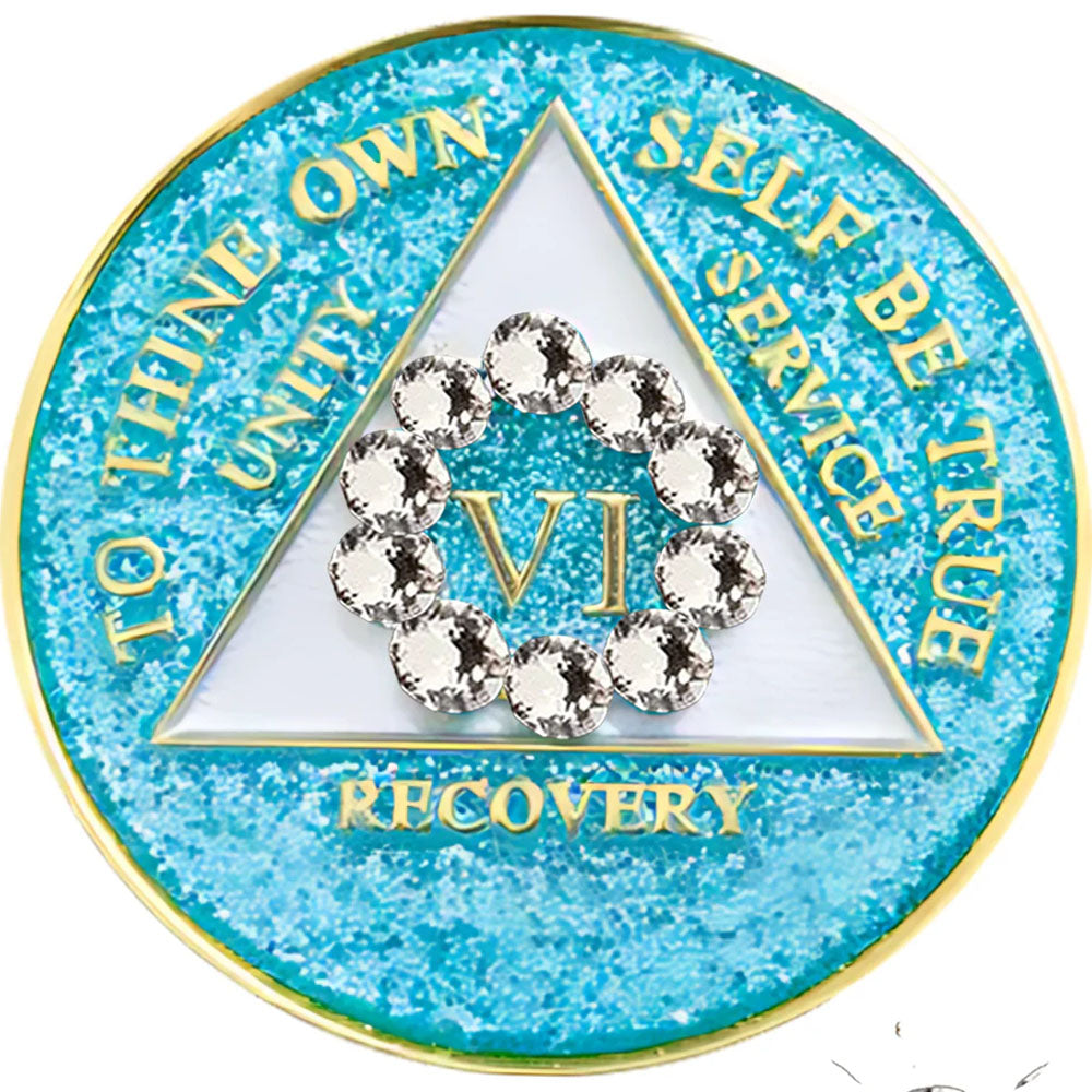 Glitter turquoise AA recovery medallion framed by a white crystal circle for sobriety years 1 through 50