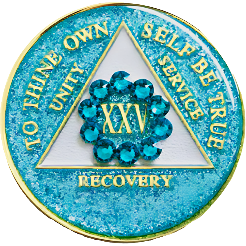 Front of an AA glitter turquoise recovery medallion with a turquoise crystal circle for years 1 through 50