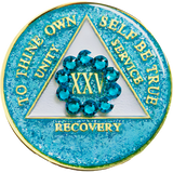Front of an AA glitter turquoise recovery medallion with a turquoise crystal circle for years 1 through 50