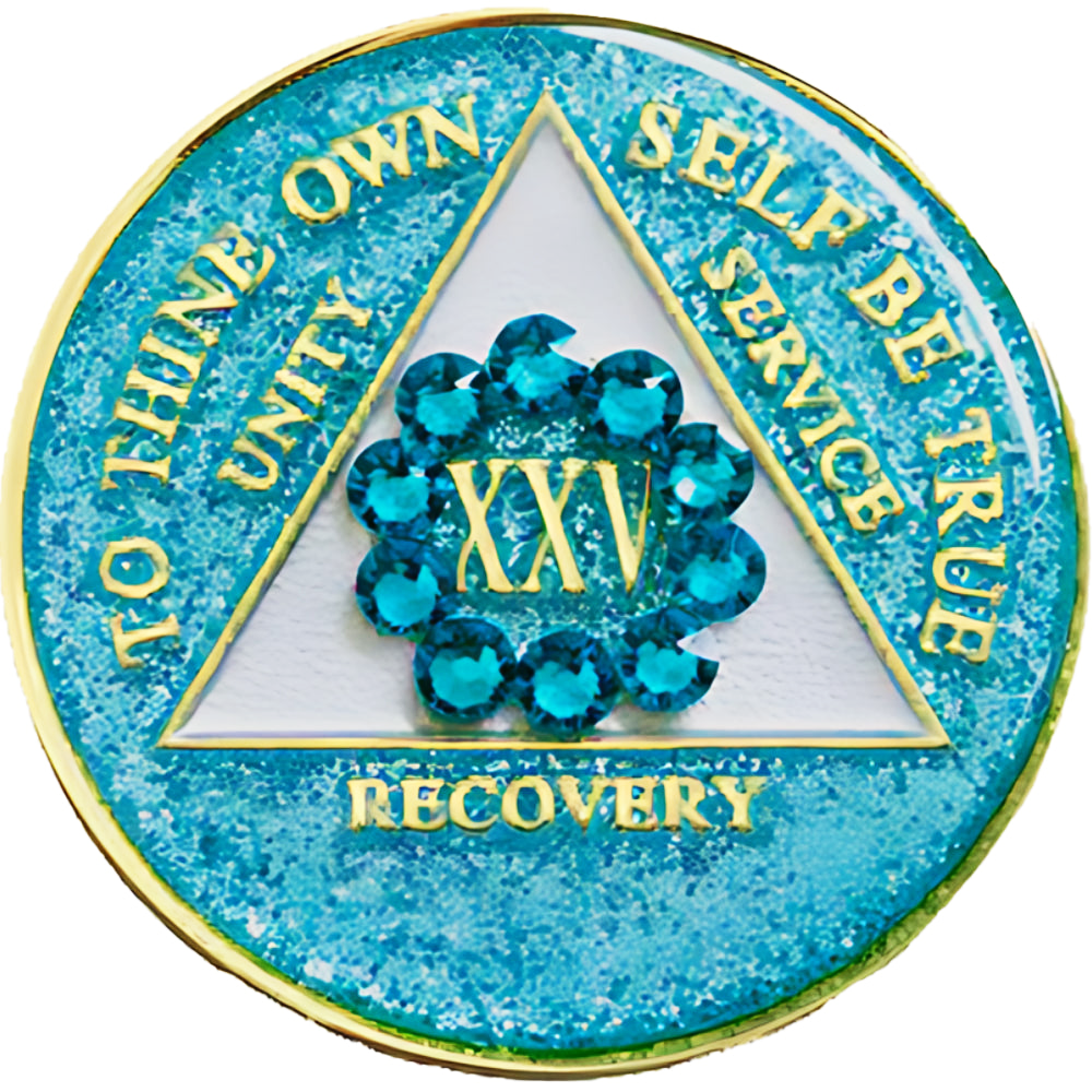 Glitter turquoise AA recovery medallion framed by a turquoise crystal circle for sobriety years 1 through 50