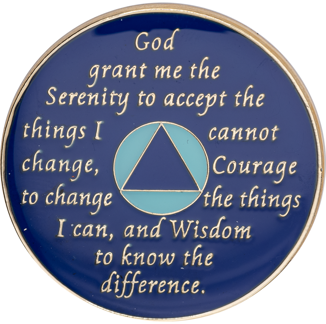 Reverse of turquoise AA recovery medallion featuring the Serenity Prayer
