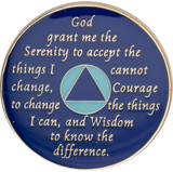 Reverse of turquoise AA recovery medallion featuring the Serenity Prayer