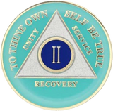 Turquoise AA recovery medallion for sobriety years 1 through 15