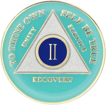 Turquoise AA recovery medallion for sobriety years 1 through 15
