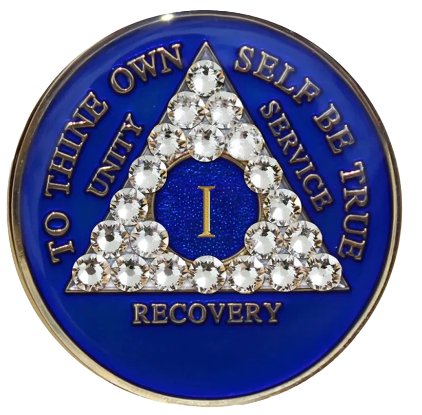 Elegant Blue AA Recovery Medallion with White Crystals | Years 1–65
