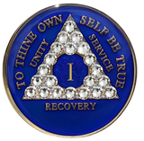 Elegant Blue AA Recovery Medallion with White Crystals | Years 1–65