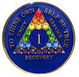 Celebratory Blue AA Recovery Medallion with Rainbow Crystals | Years 1–65