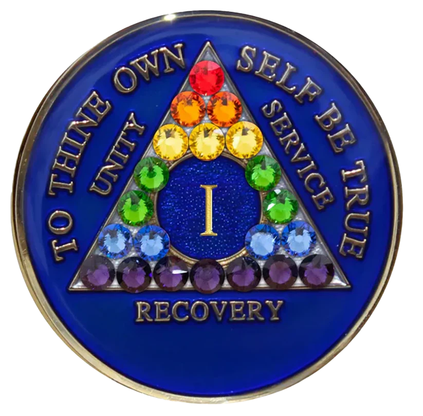 Celebratory Blue AA Recovery Medallion with Rainbow Crystals | Years 1–65