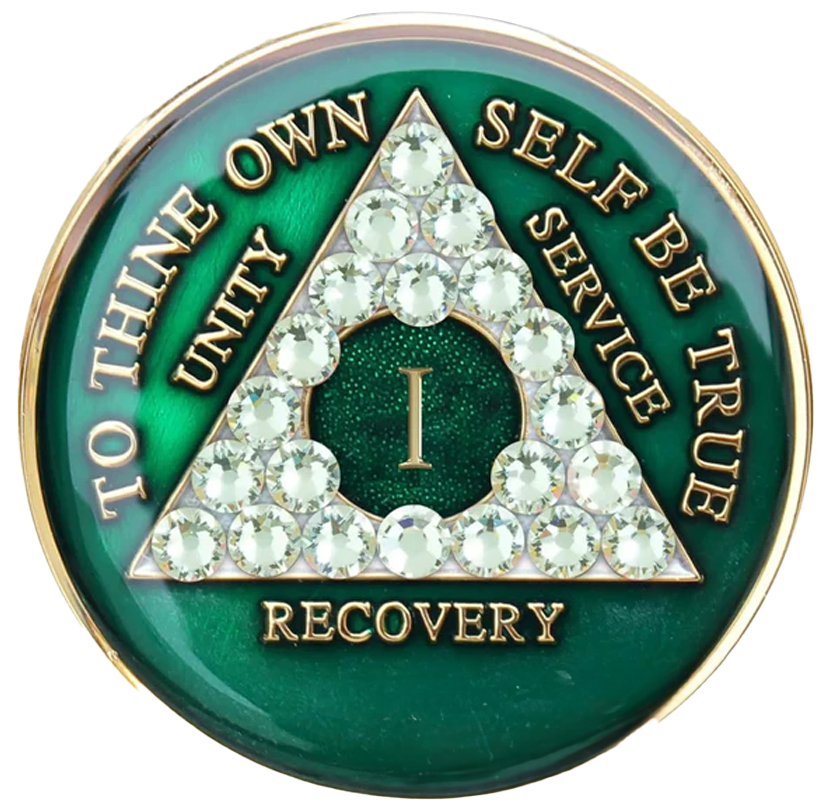 Elegant Green AA Recovery Medallion with White Crystals | Years 1–65