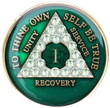 Elegant Green AA Recovery Medallion with White Crystals | Years 1–65
