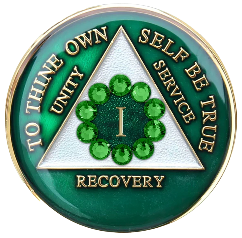 Bold Green AA Recovery Medallion with Green Crystal Circle | Years 1–65