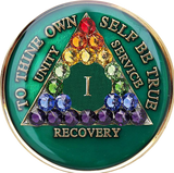 Celebratory Green AA Recovery Medallion with Rainbow Crystals | Years 1–65