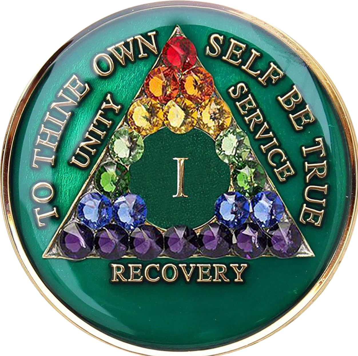 Celebratory Green AA Recovery Medallion with Rainbow Crystals | Years 1–65