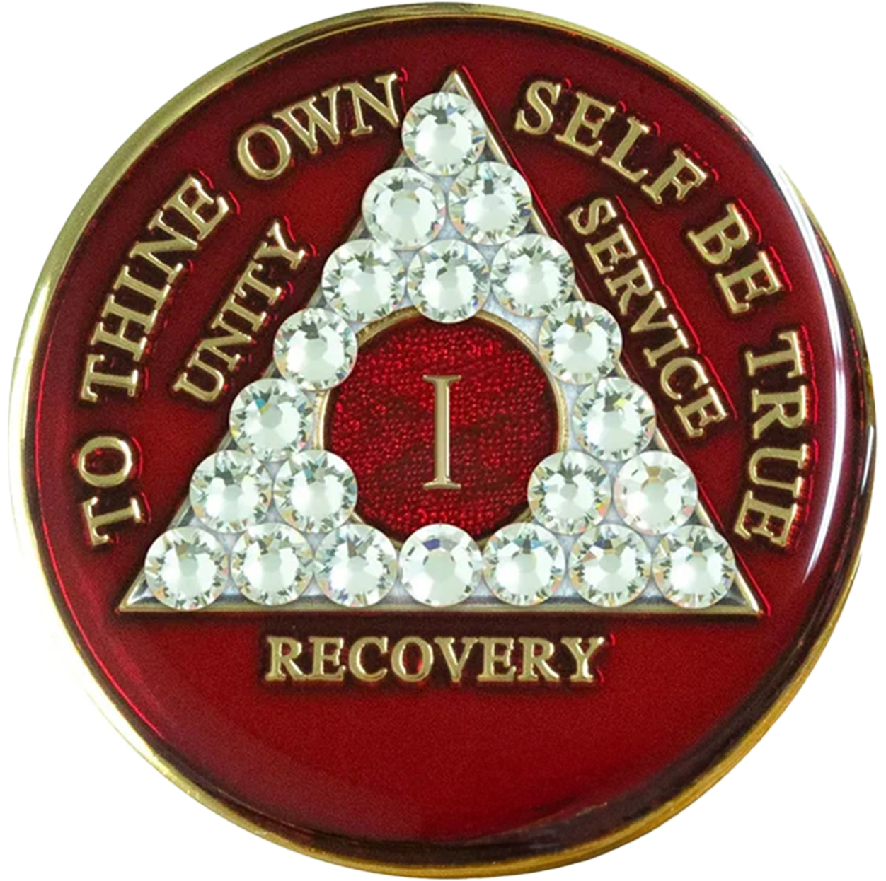 Front of red AA recovery medallion with white crystals and anniversary year