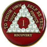 Elegant Red AA Recovery Medallion with White Crystals | Years 1–65