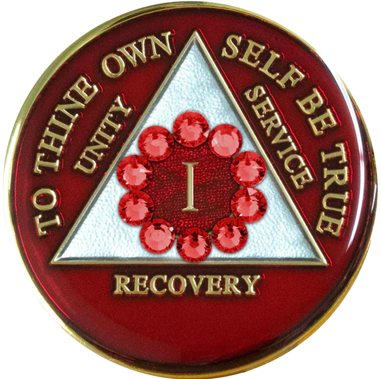 Bold Red AA Recovery Medallion with Red Crystal Circle | Years 1–65