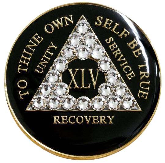 Elegant Black AA Recovery Medallion with White Crystals | Years 1–65