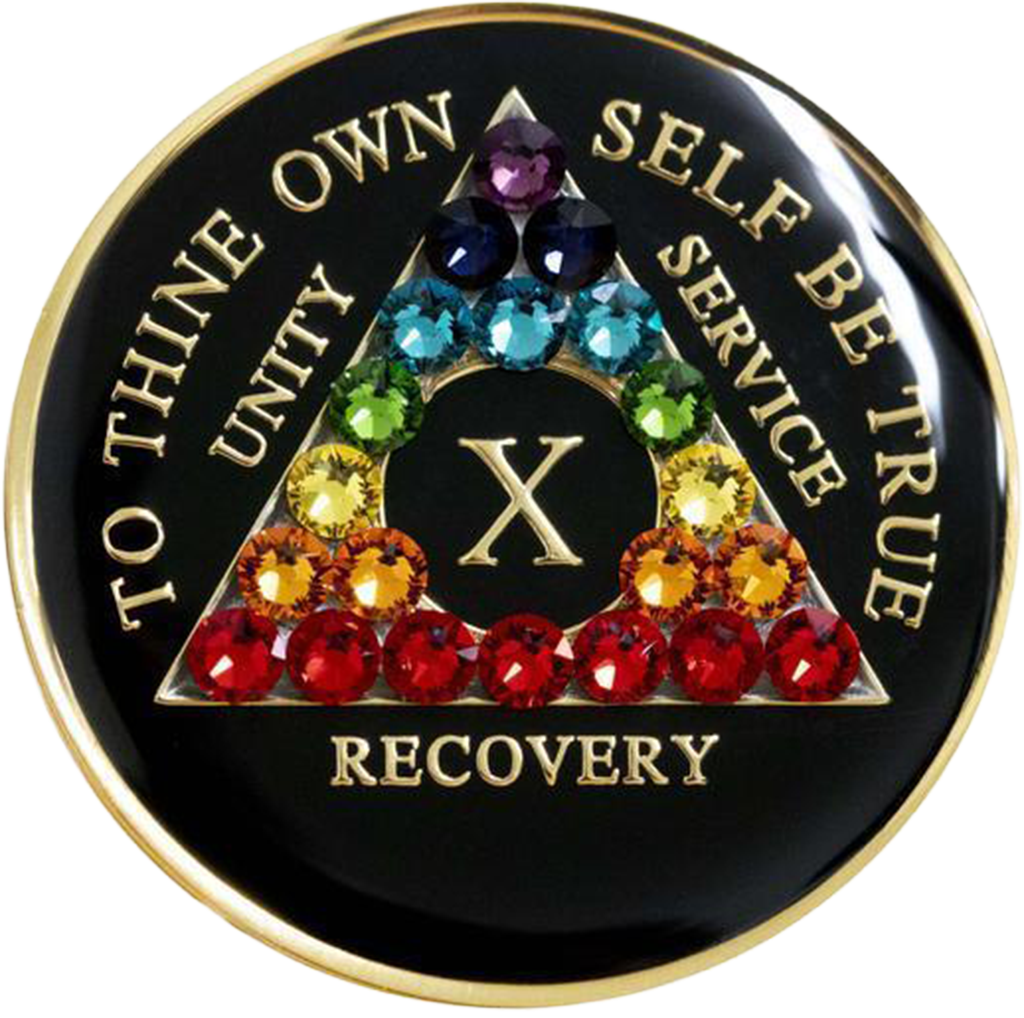 Mesmerizing Black AA Recovery Medallion with Reverse Rainbow Crystals | Years 1–65