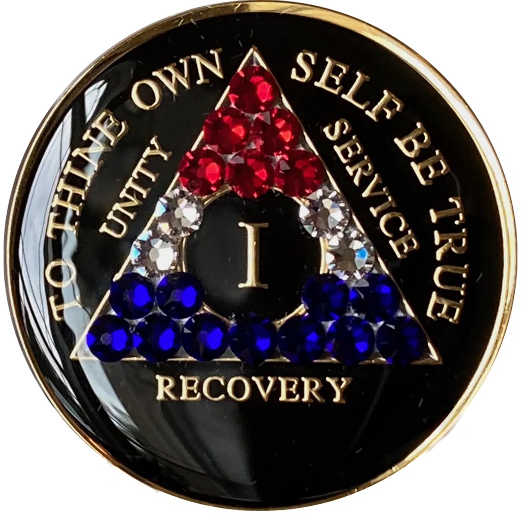 Patriotic Black AA Recovery Medallion with Red, White & Blue Crystals | Years 1–65