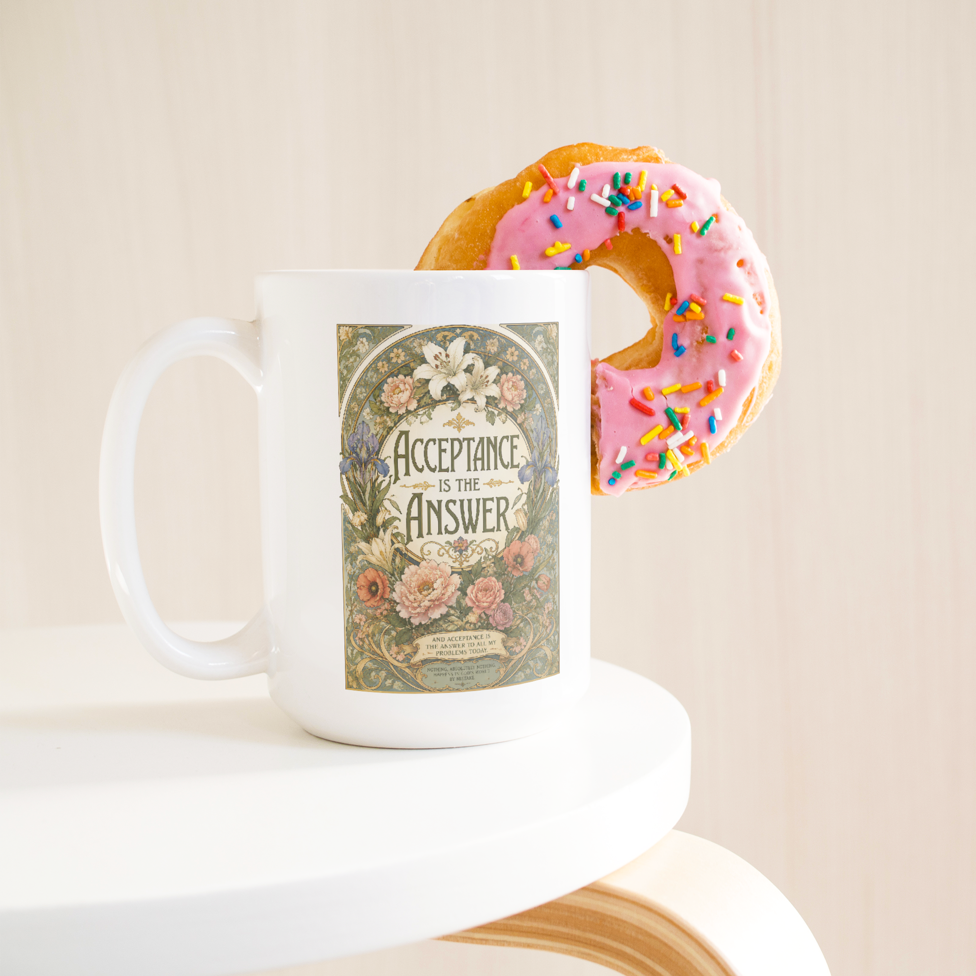 Acceptance_Is_the_Answer_Recovery_Coffee_15ozWhiteMugLifetsyleDonutLH_Mockup.png_15824823