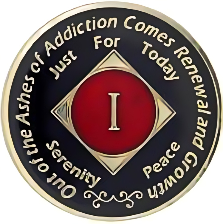Front of black and red enamel NA recovery medallion with gold-plated details and milestone year