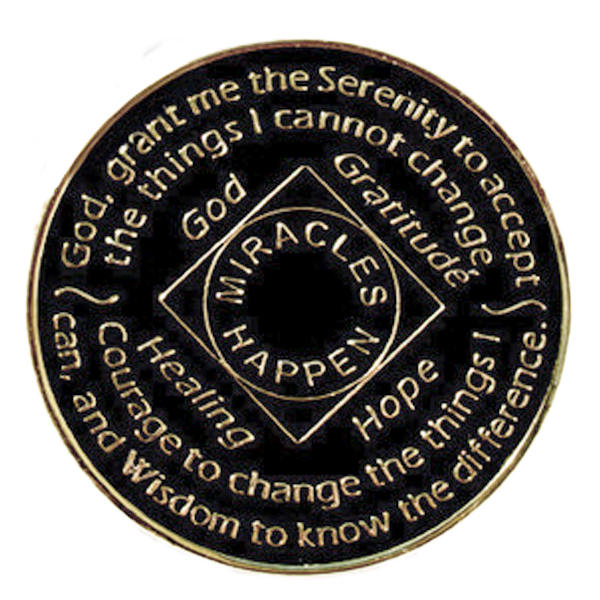 Back of black rainbow crystal NA recovery medallion with the Serenity Prayer and Miracles Happen message