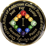 Front of black NA recovery medallion with rainbow Swarovski crystals and gold-plated details