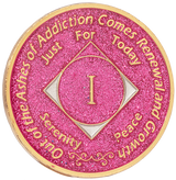 Front of glitter pink NA recovery medallion for clean-time milestones, available in years 1–45
