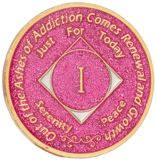 Front of glitter pink NA recovery medallion for clean-time milestones, available in years 1–45