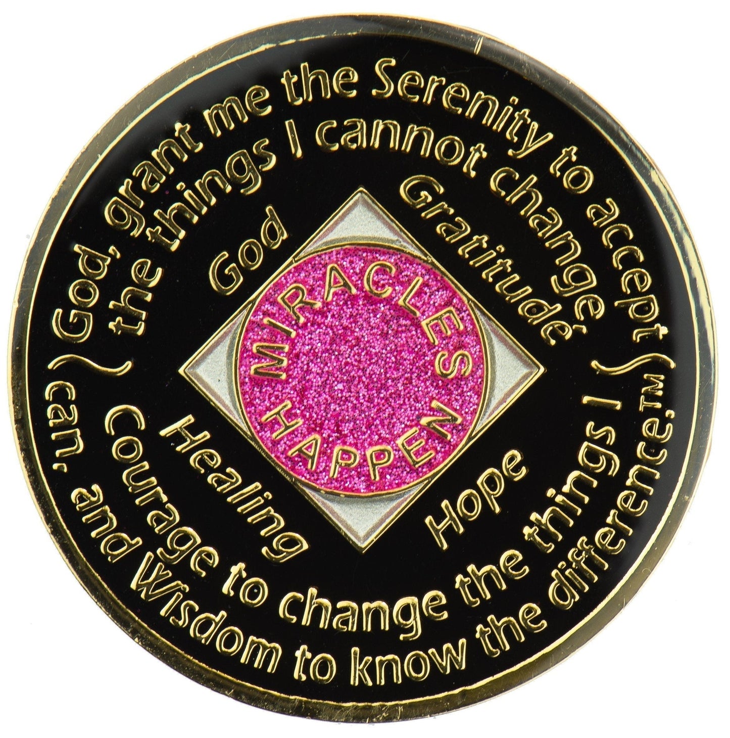 Back of glitter pink NA recovery medallion featuring the Serenity Prayer