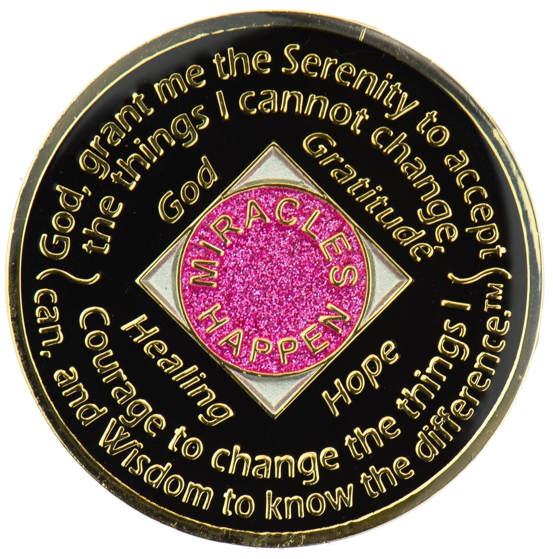 Back of glitter pink NA recovery medallion featuring the Serenity Prayer