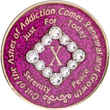 Front of glitter pink NA recovery medallion with white crystals, available in years 1–45