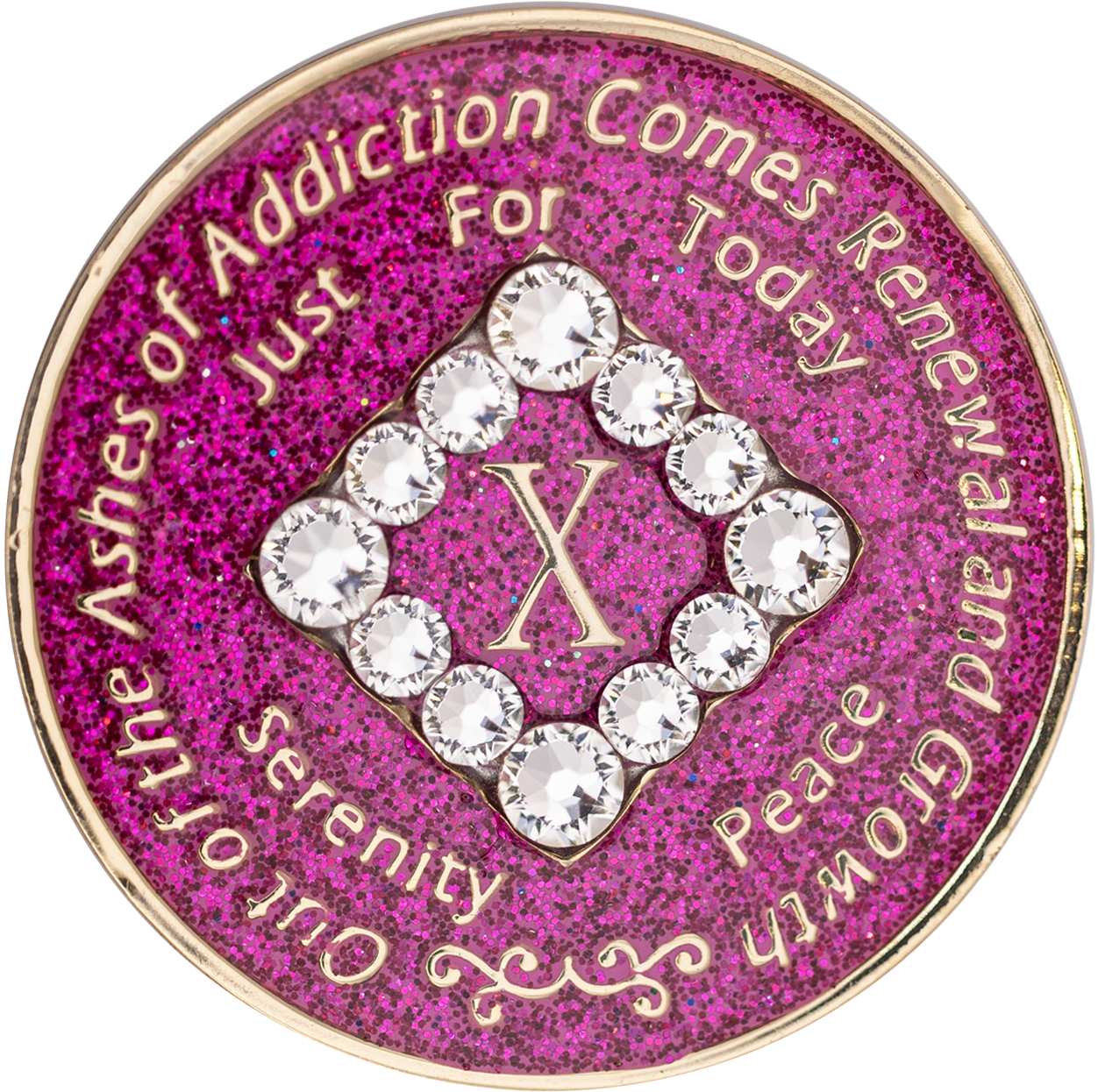 Front of glitter pink NA recovery medallion with white crystals, available in years 1–45