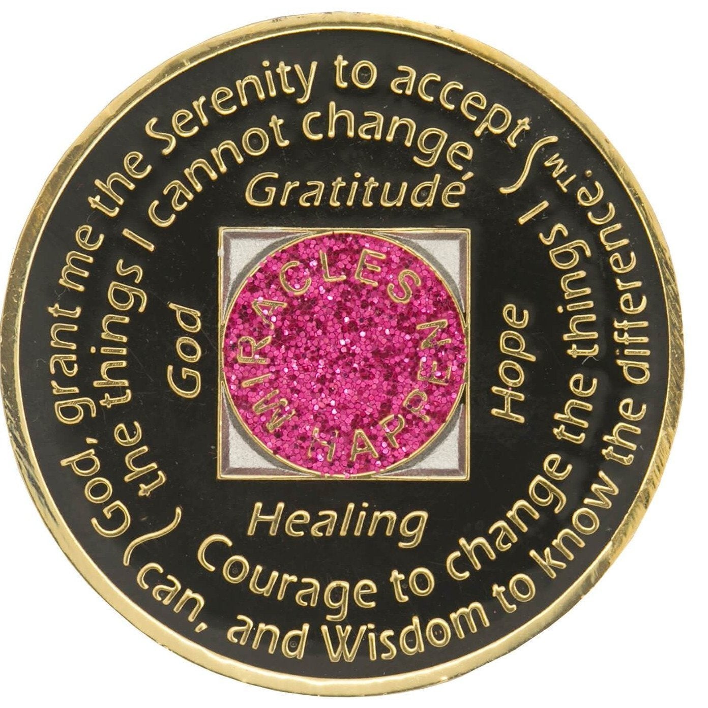 Back of glitter pink NA recovery medallion with pink transition crystals and Serenity Prayer