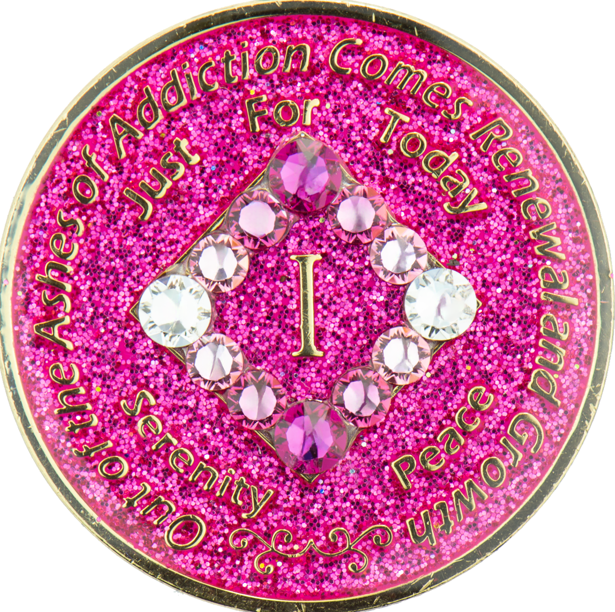 Front of glitter pink NA recovery medallion with pink transition crystals, years 1–45