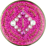 Front of glitter pink NA recovery medallion with pink transition crystals, years 1–45
