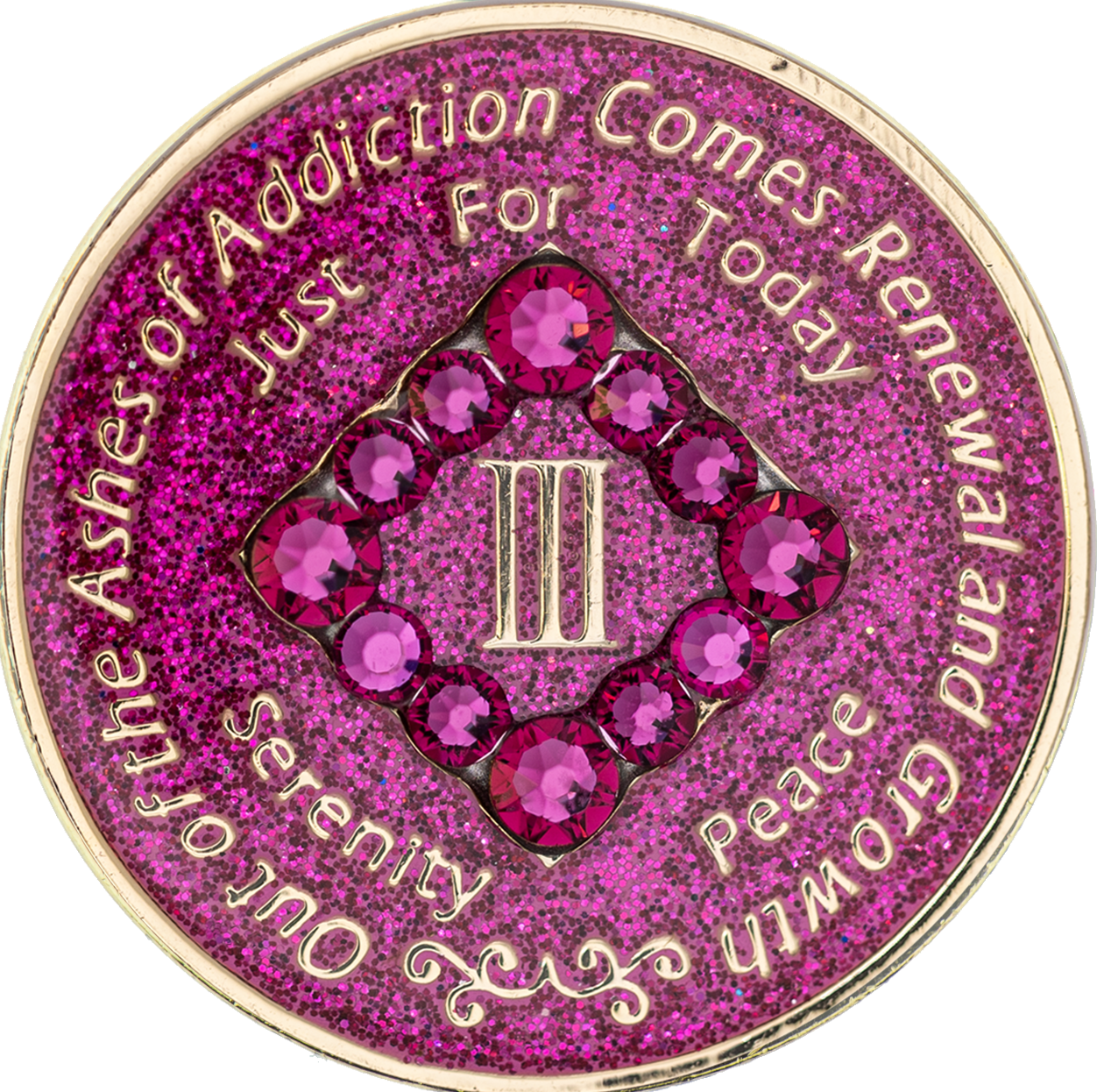 Front of glitter pink NA recovery medallion with pink crystals, available in years 1–45