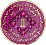 Front of glitter pink NA recovery medallion with pink crystals, available in years 1–45