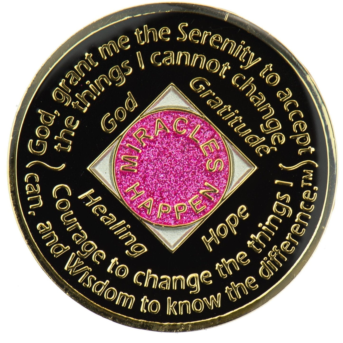 Back of glitter pink NA recovery medallion with rainbow crystals and Serenity Prayer